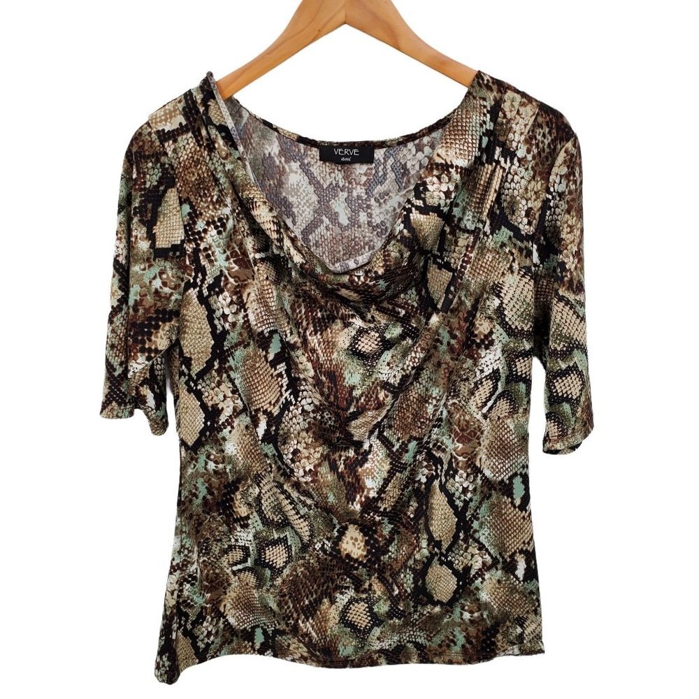 Verve Ami Womens Snakeskin Green‎ Brown Black 3/4 Sleeve Blouse Draped Neck Sz L